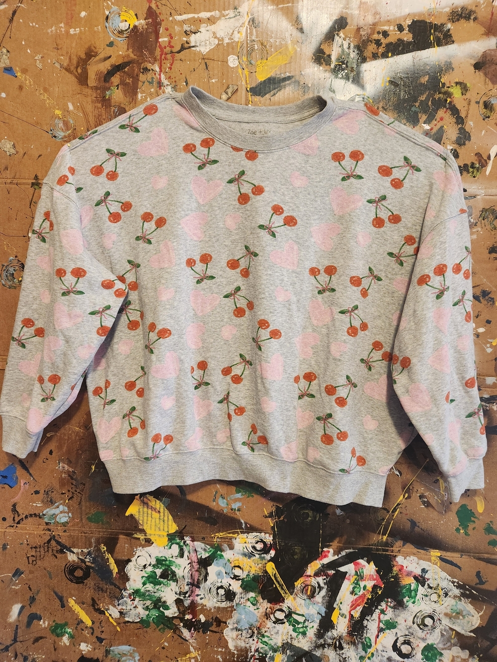 Zoe + Liv Gray Sweatshirt with Pink Hearts and Red Cherries